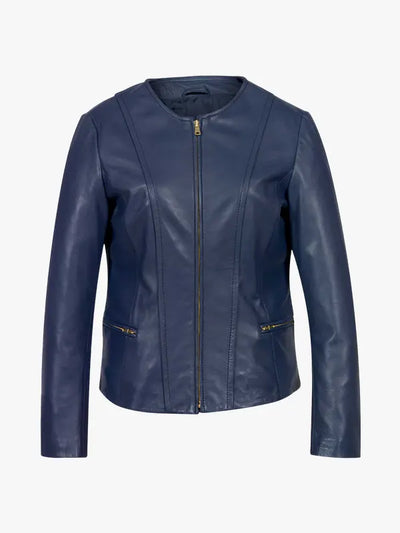 Women’s Elegant Blue Leather Collarless Style Jacket