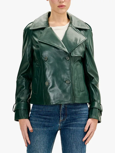 Women’s Green Double Breasted Short Leather Trench Jacket