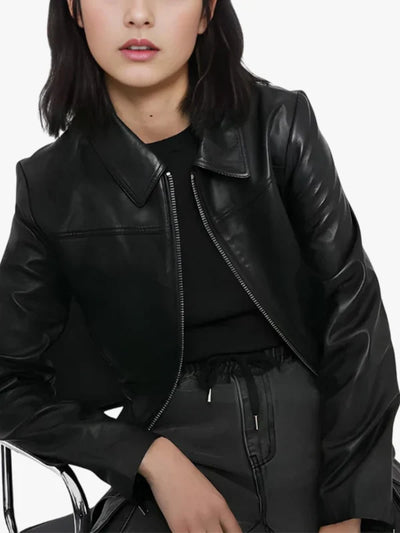 Women’s Luxe Black Leather Bomber Style Jacket