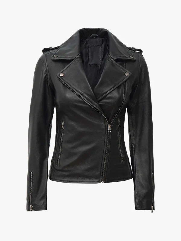 Women’s Black Asymmetrical Leather Biker Style Jacket