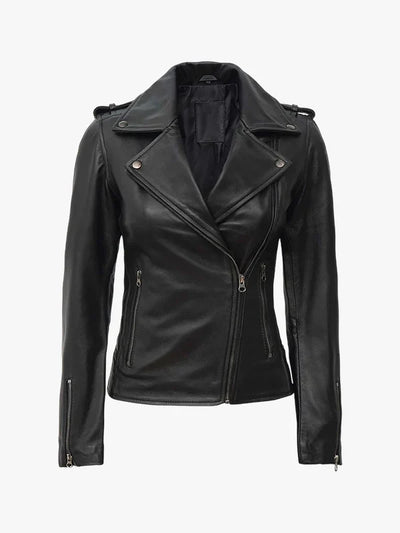 Women’s Black Asymmetrical Leather Biker Style Jacket