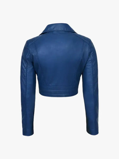 Women’s Blue Cropped Leather Biker Style Jacket