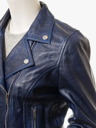 Women’s Blue Leather Biker Style Fashion Jacket