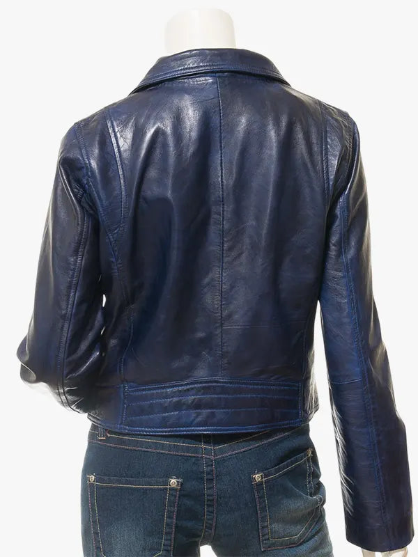 Women’s Blue Leather Biker Style Fashion Jacket