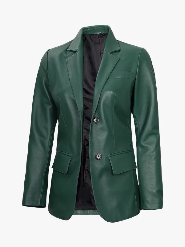 Women’s Classic Green Leather Blazer with Button Style