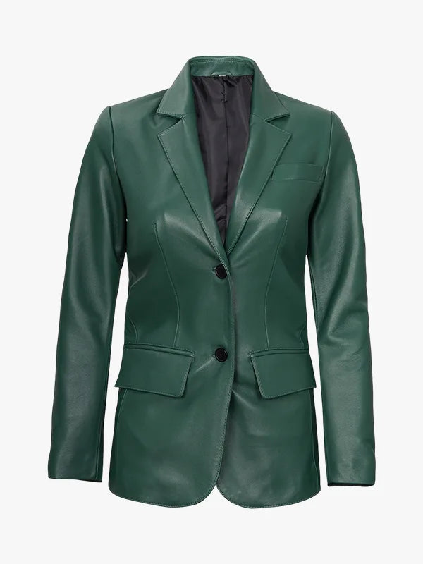 Women’s Classic Green Leather Blazer with Button Style