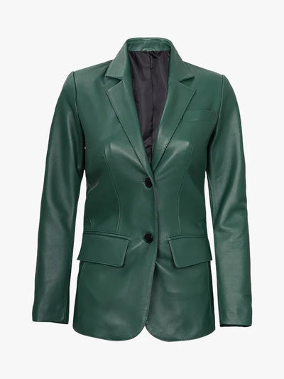 Women’s Classic Green Leather Blazer with Button Style