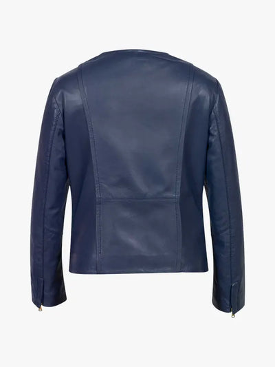 Women’s Elegant Blue Leather Collarless Style Jacket