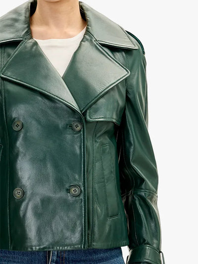 Women’s Green Double Breasted Short Leather Trench Jacket