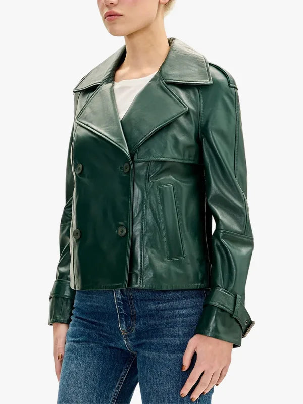 Women’s Green Double Breasted Short Leather Trench Jacket