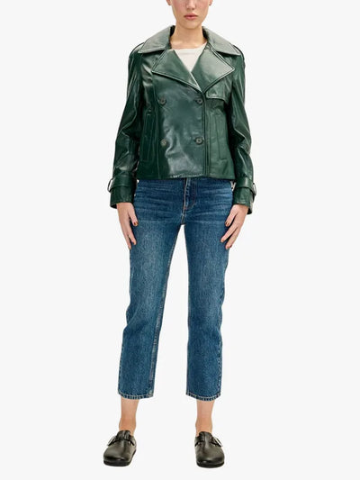 Women’s Green Double Breasted Short Leather Trench Jacket