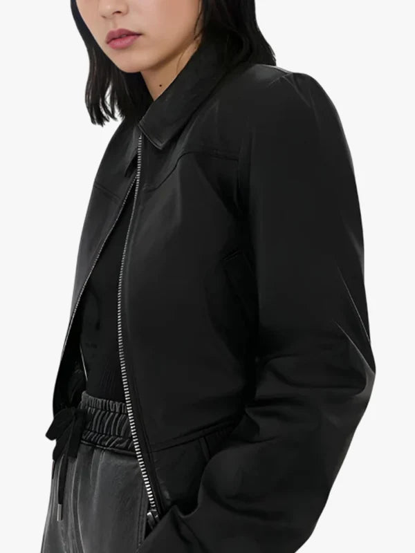 Women’s Luxe Black Leather Bomber Style Jacket