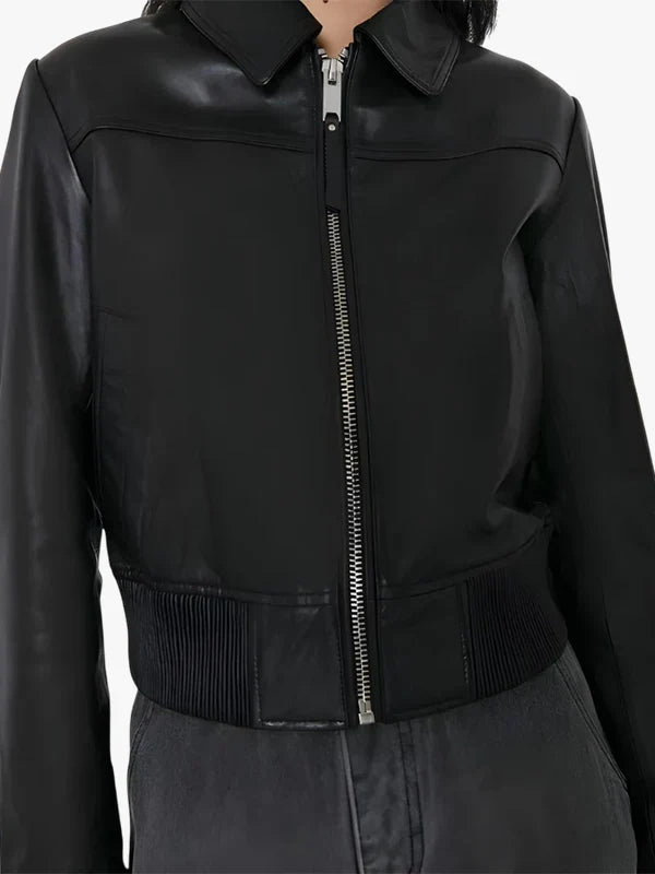 Women’s Luxe Black Leather Bomber Style Jacket