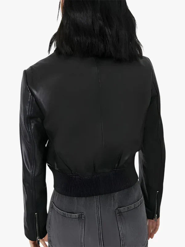 Women’s Luxe Black Leather Bomber Style Jacket