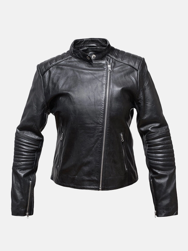 Women's Snap Tab Collar Black Leather Jacke