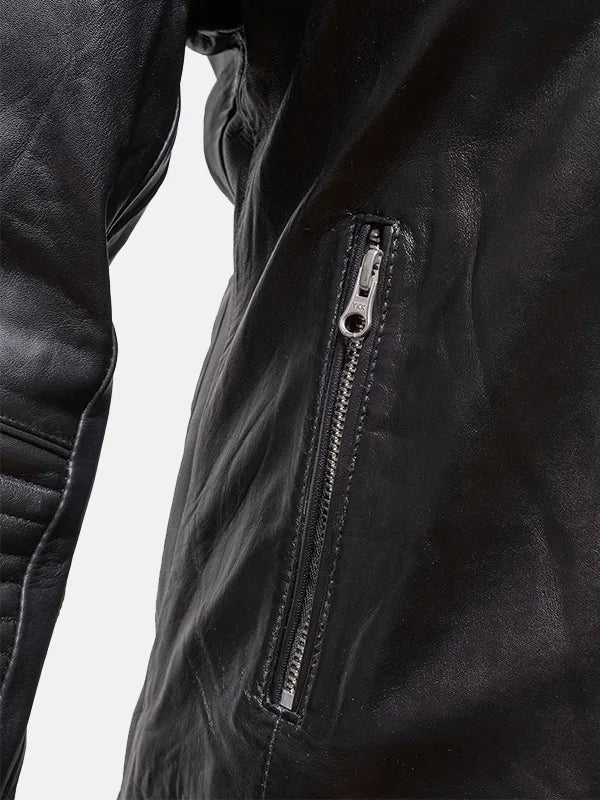 Women's Snap Tab Collar Black Leather Jacke