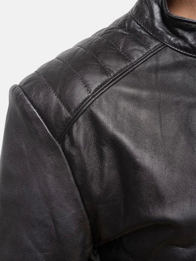 Women's Snap Tab Collar Black Leather Jacke