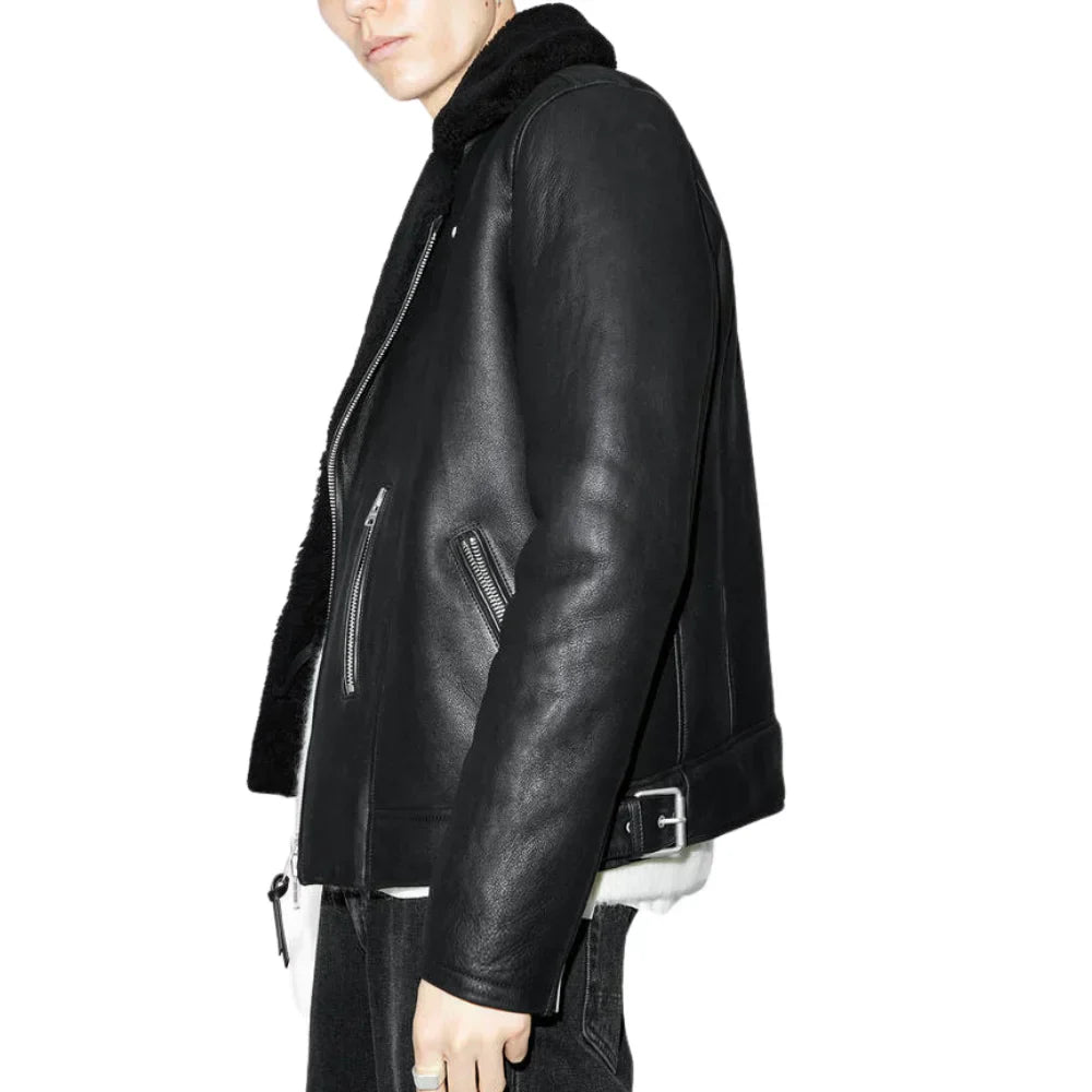 Mens Black Shearling Archon Moto Style Leather Jacket