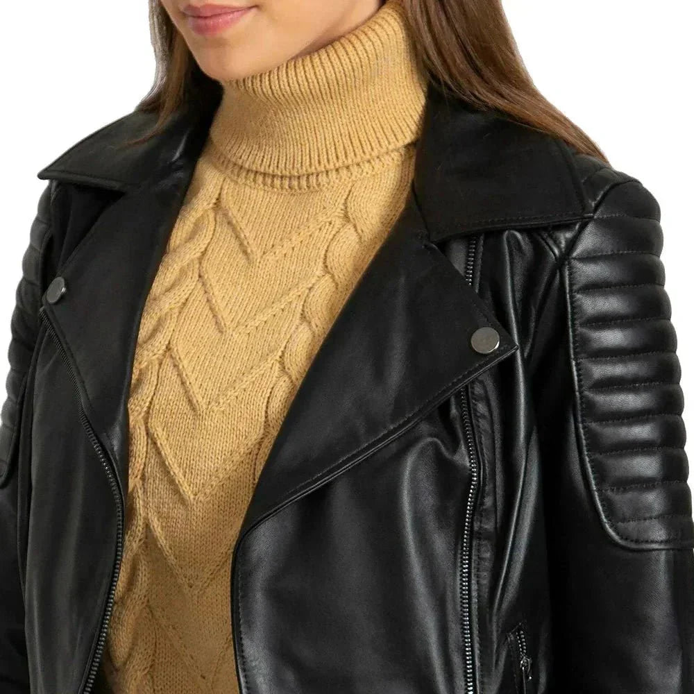 Black Quilted Leather Biker Jacket For Womens