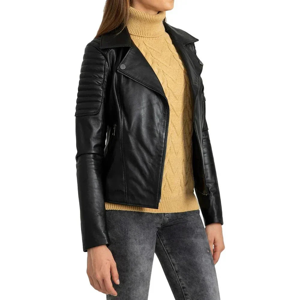 Black Quilted Leather Biker Jacket For Womens