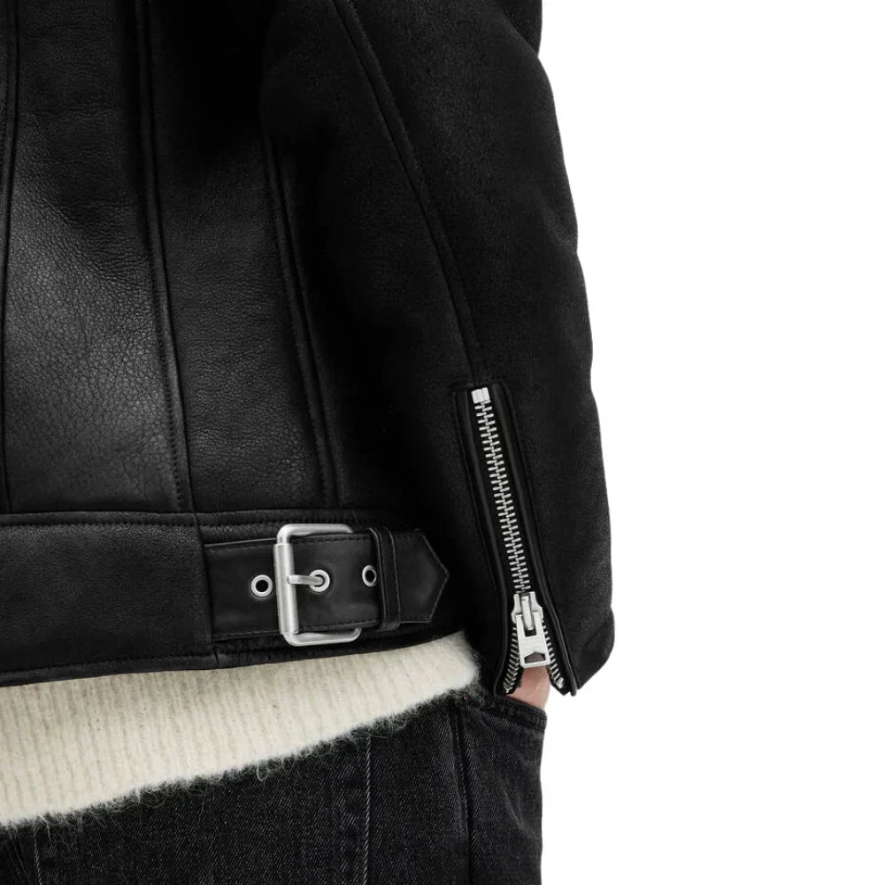 Mens Black Shearling Archon Moto Style Leather Jacket