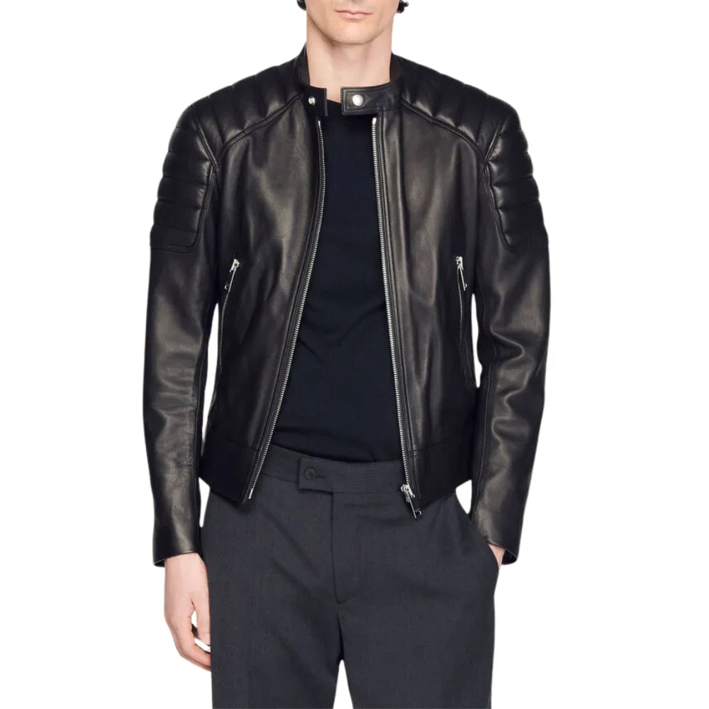 Black Leather Jacket Mens With Quilted Shoulders