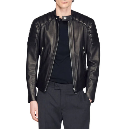 Black Leather Jacket Mens With Quilted Shoulders