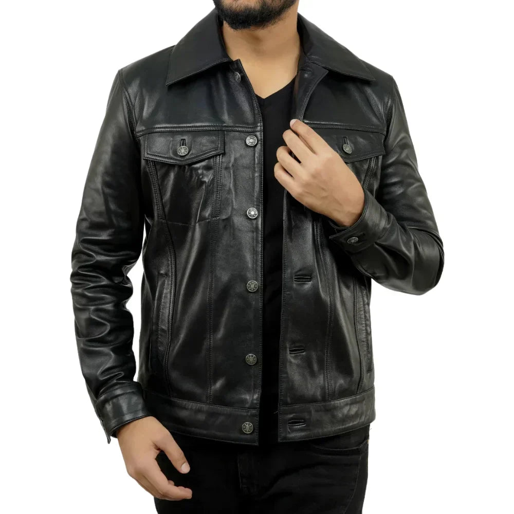 Mens Black Trucker Real Leather Jacket