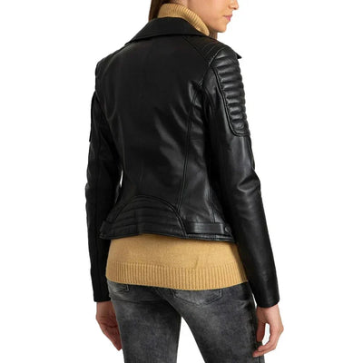 Black Quilted Leather Biker Jacket For Womens