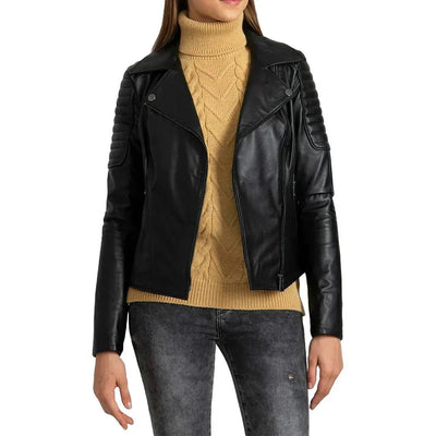 Black Quilted Leather Biker Jacket For Womens