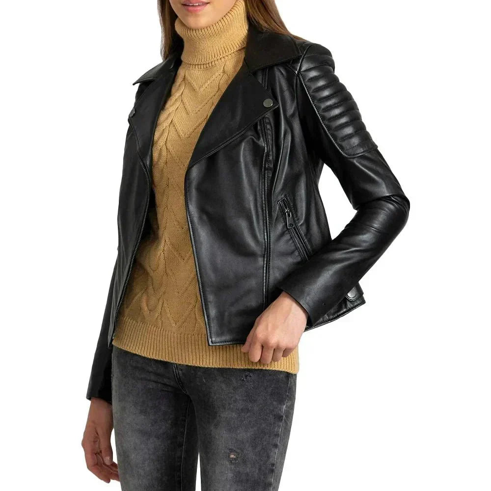 Black Quilted Leather Biker Jacket For Womens