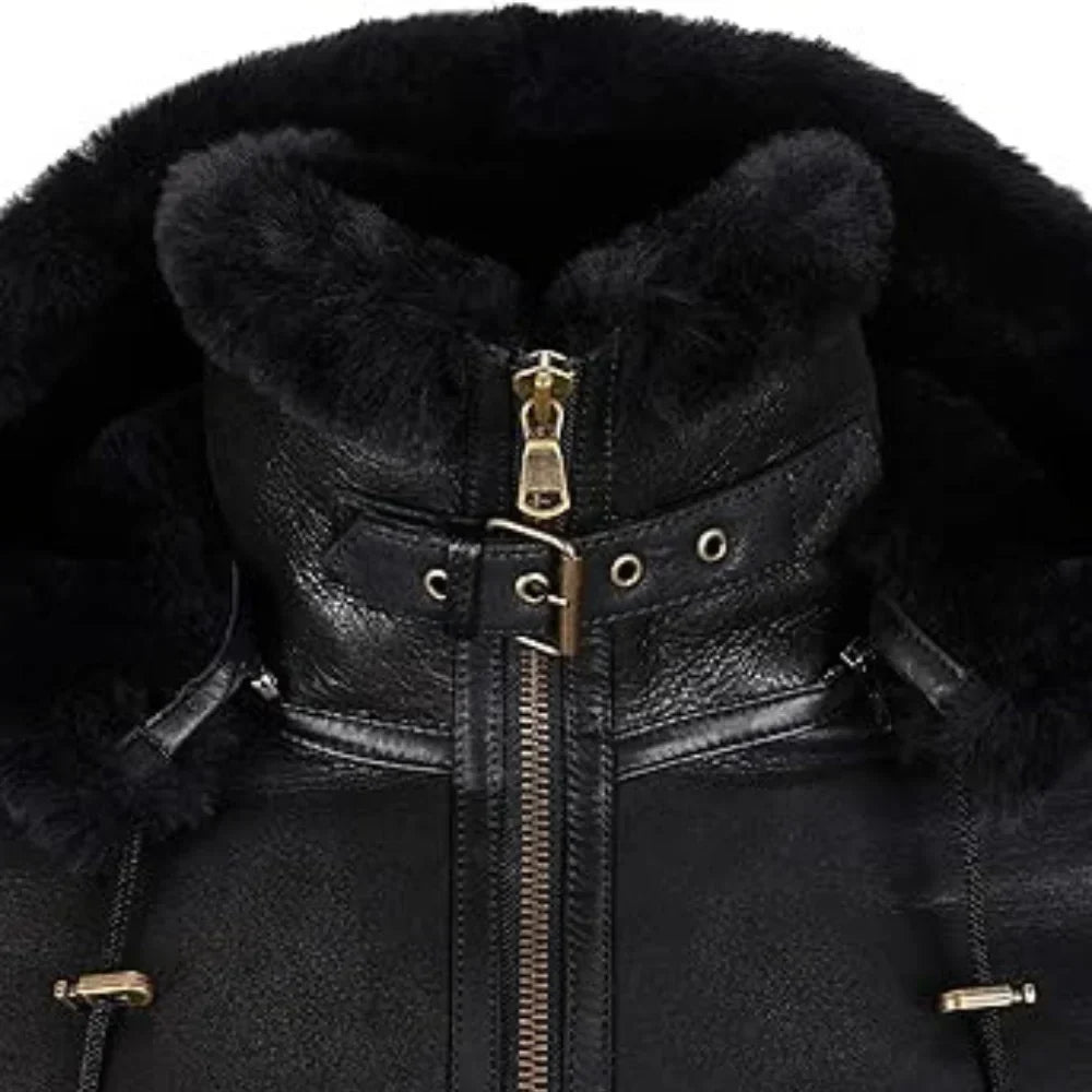 Womens Black Hooded Shearling Leather Bomber Aviator Jacket