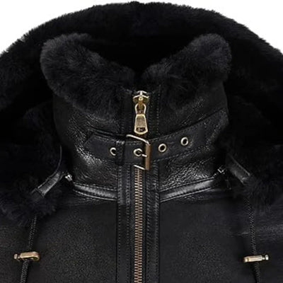Womens Black Hooded Shearling Leather Bomber Aviator Jacket