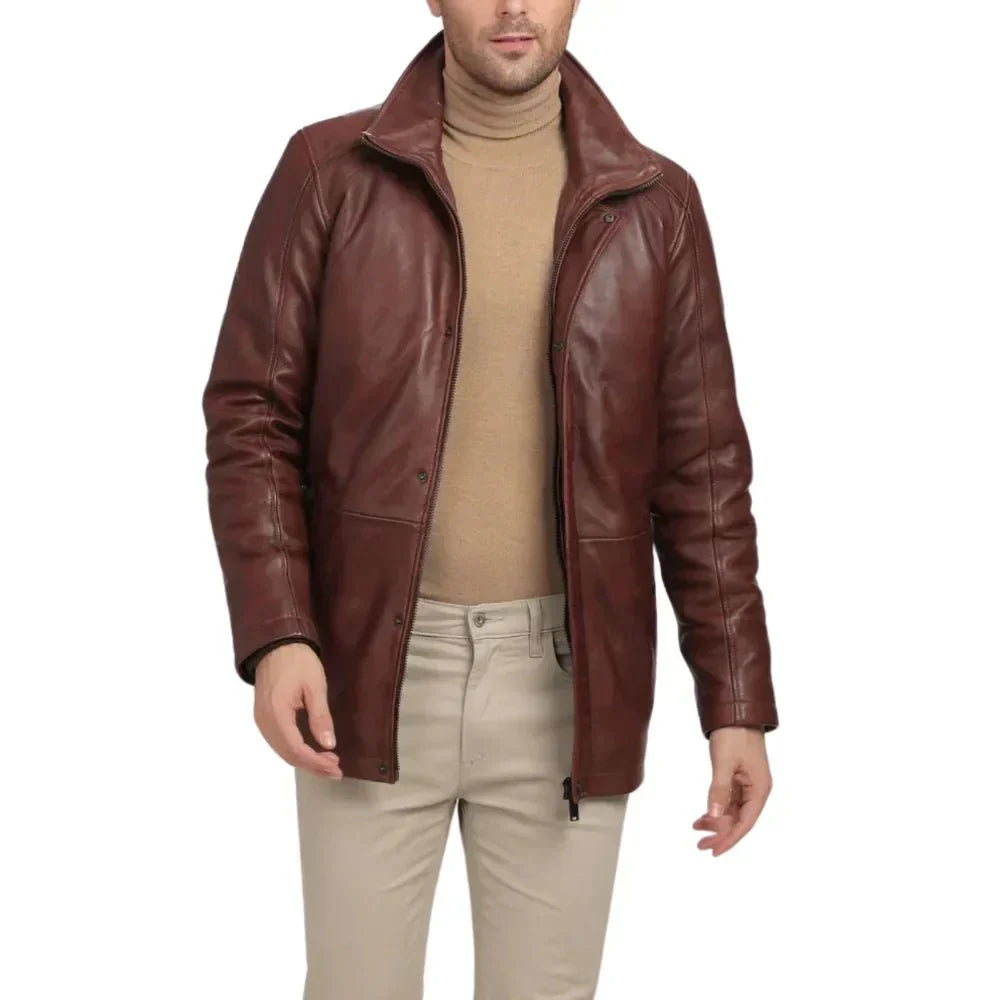 Mens Brown Real Lambskin Leather Car Coat