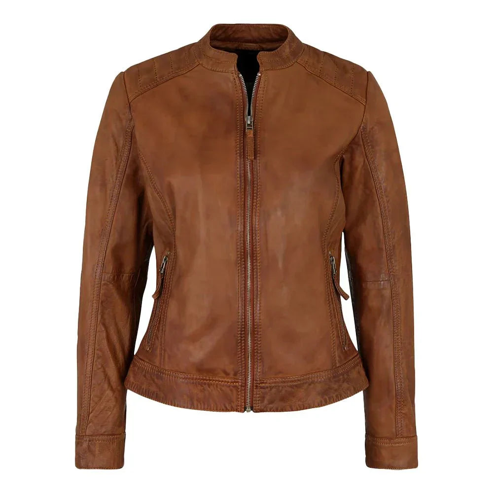 Womens Genuine Biker Brown Cognac Leather Jacket