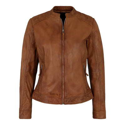 Womens Genuine Biker Brown Cognac Leather Jacket