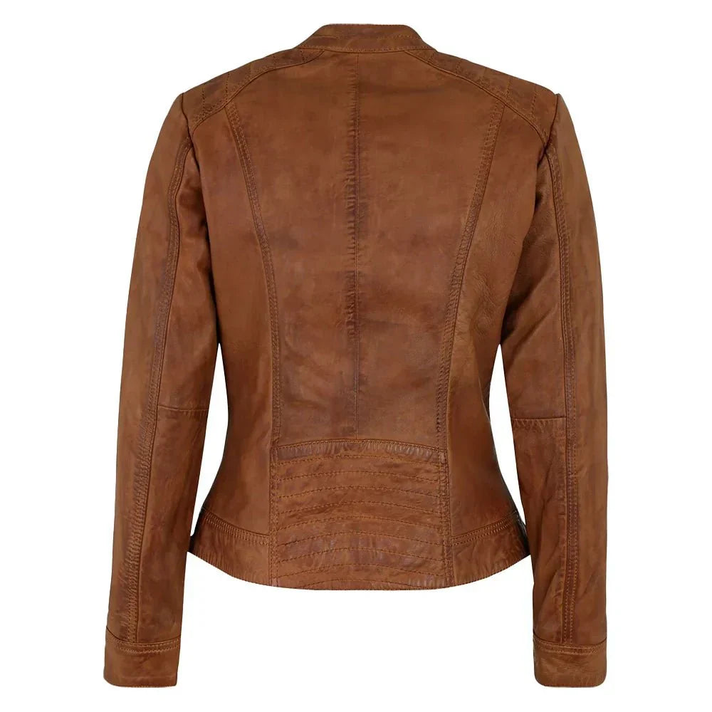 Womens Genuine Biker Brown Cognac Leather Jacket