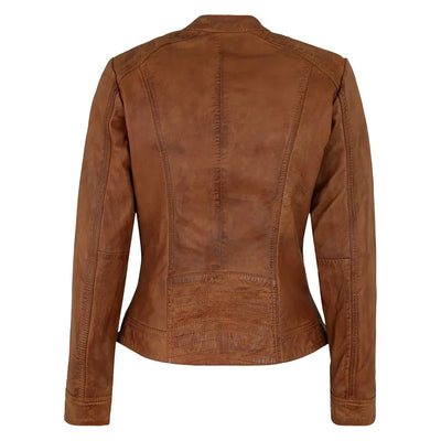 Womens Genuine Biker Brown Cognac Leather Jacket