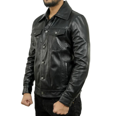 Mens Black Trucker Real Leather Jacket