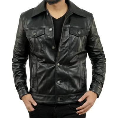 Mens Black Trucker Real Leather Jacket