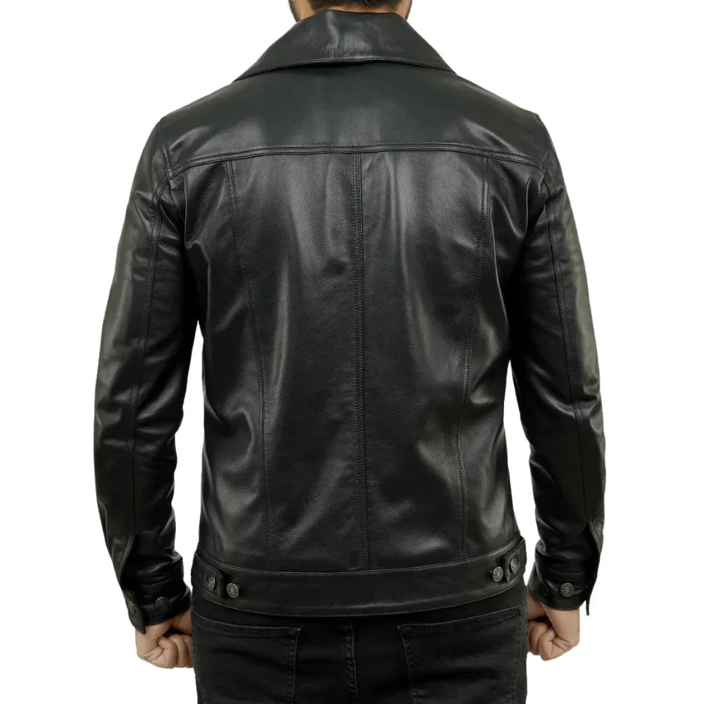 Mens Black Trucker Real Leather Jacket