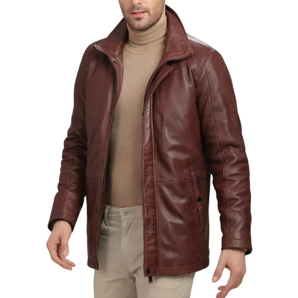 Mens Brown Real Lambskin Leather Car Coat