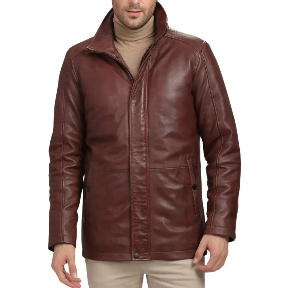 Mens Brown Real Lambskin Leather Car Coat