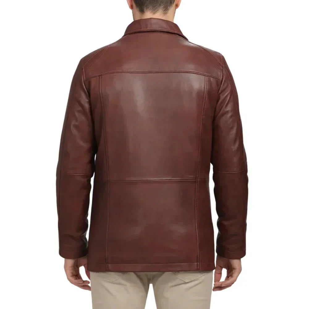 Mens Brown Real Lambskin Leather Car Coat