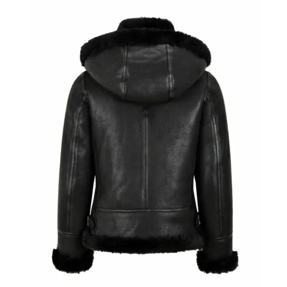 Womens Black Hooded Shearling Leather Bomber Aviator Jacket