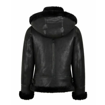 Womens Black Hooded Shearling Leather Bomber Aviator Jacket