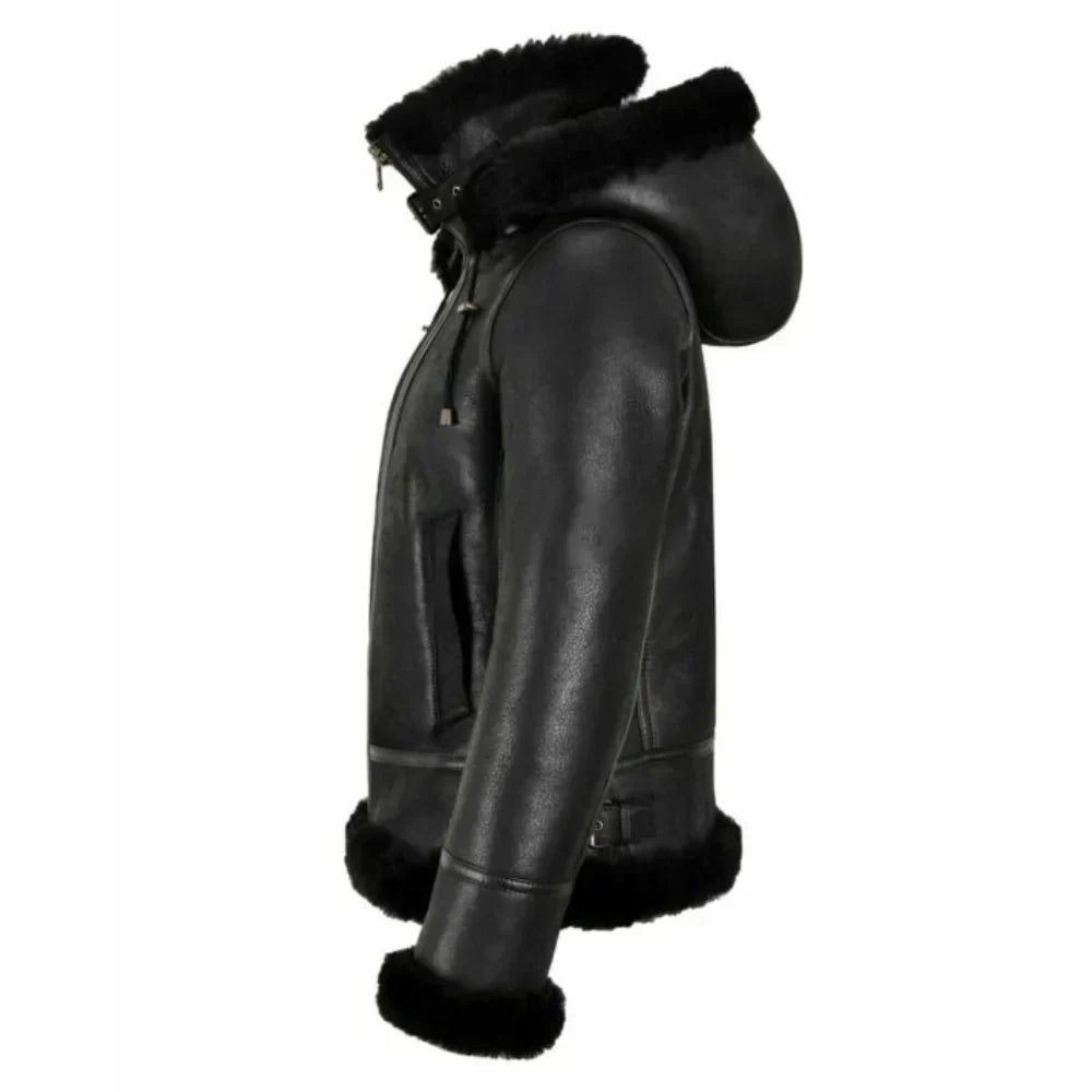 Womens Black Hooded Shearling Leather Bomber Aviator Jacket