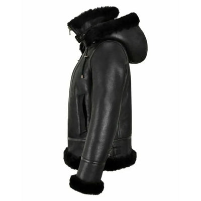 Womens Black Hooded Shearling Leather Bomber Aviator Jacket