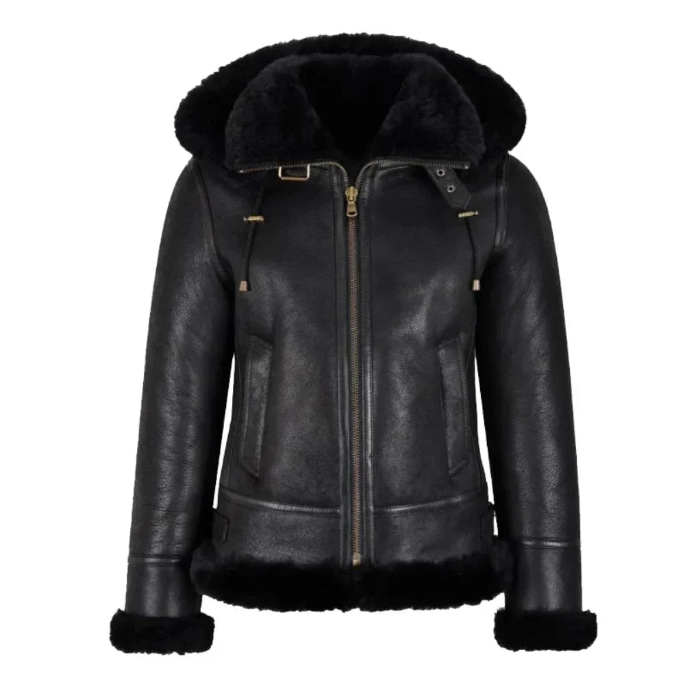 Womens Black Hooded Shearling Leather Bomber Aviator Jacket