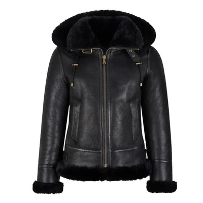 Womens Black Hooded Shearling Leather Bomber Aviator Jacket